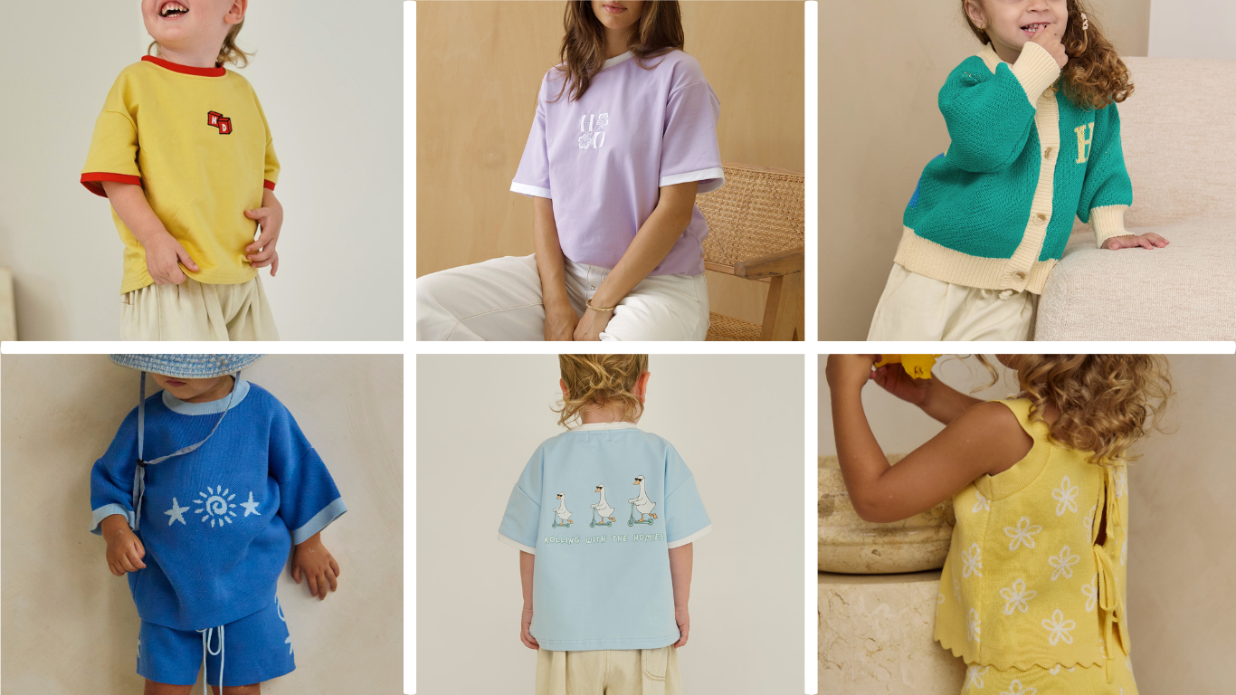 A six-panel collage showing children modeling different soft apparel pieces in a warm neutral indoor setting: a yellow short-sleeve top, a lavender T-shirt, a teal cardigan, a blue Tunic with shorts, a light blue Tunic with bird embroidery, and a yellow sleeveless top.